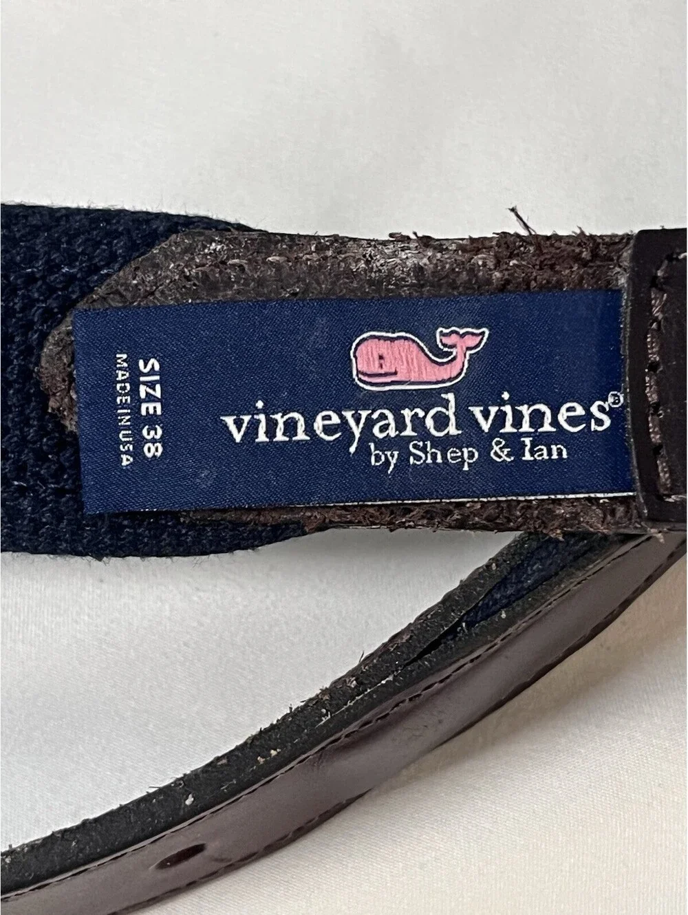 Vineyard Vines Blue White Striped Ribbon Belt with Leather Trim and Brass Buckle